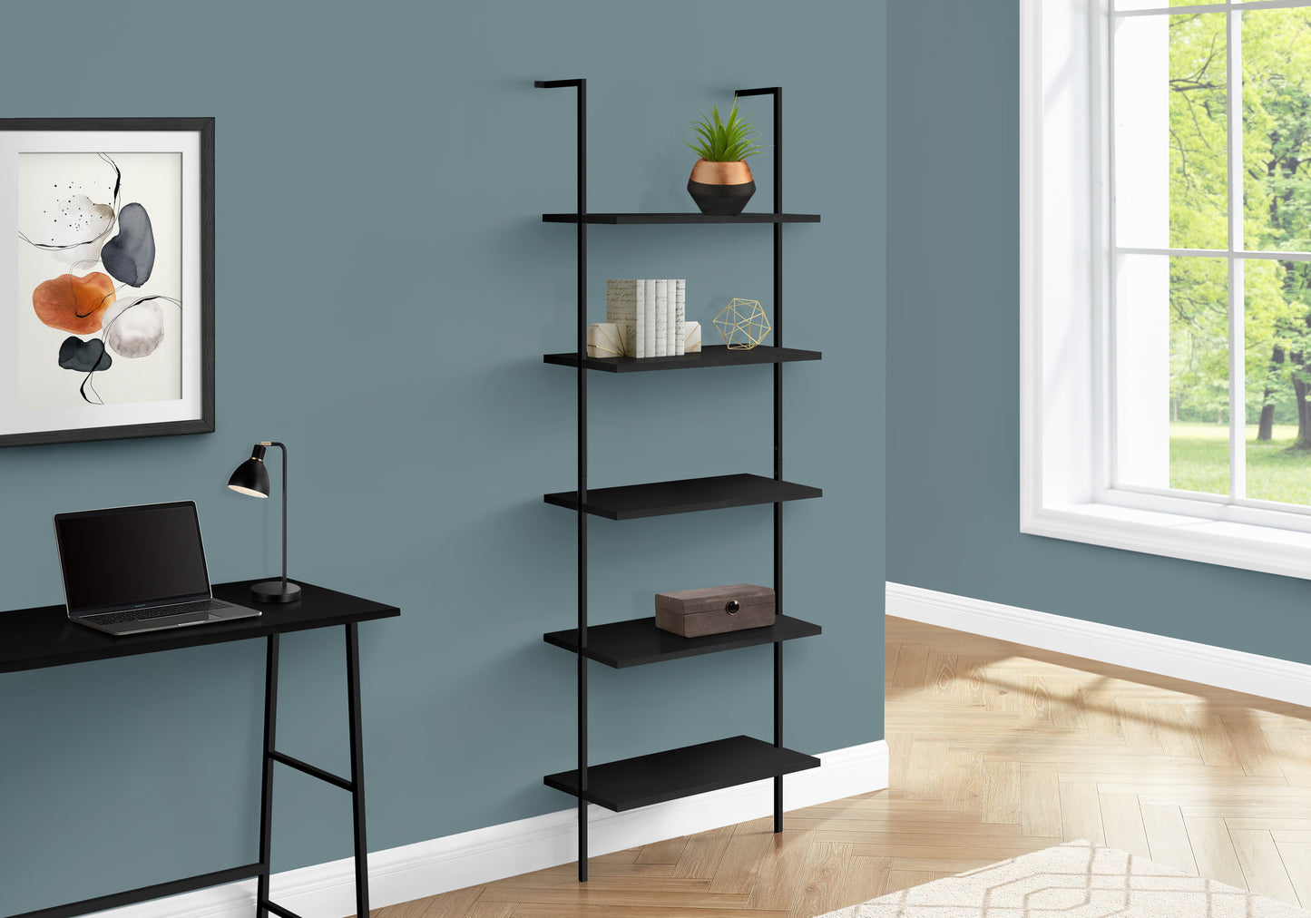 Bookshelf, Bookcase, Etagere, Ladder, 5 Tier, 72"h, Office, Bedroom, Black Laminate, Black Metal, Contemporary, Modern