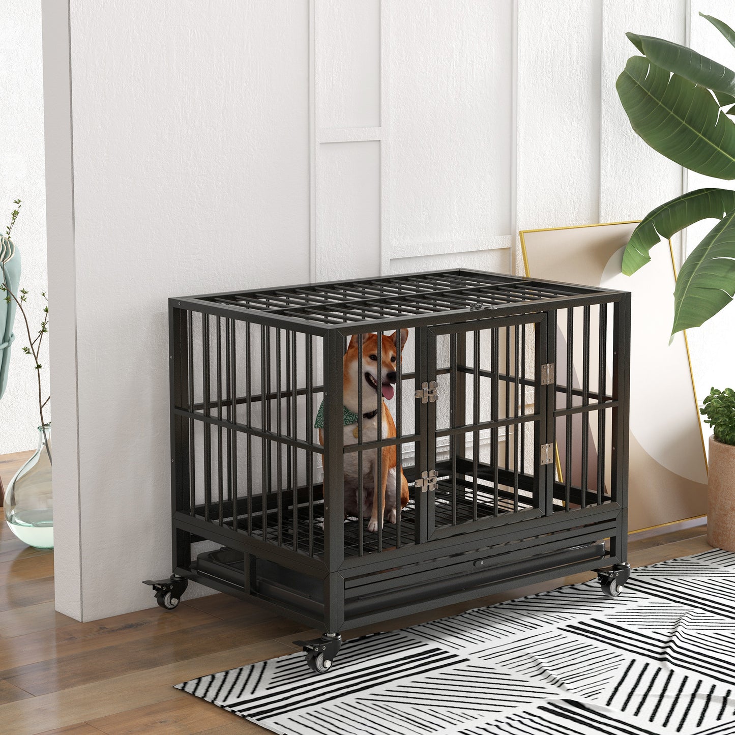 PawHut 36" Heavy Duty Dog Crate Metal Cage Kennel with Lockable Wheels, Double Door and Removable Tray, Gray