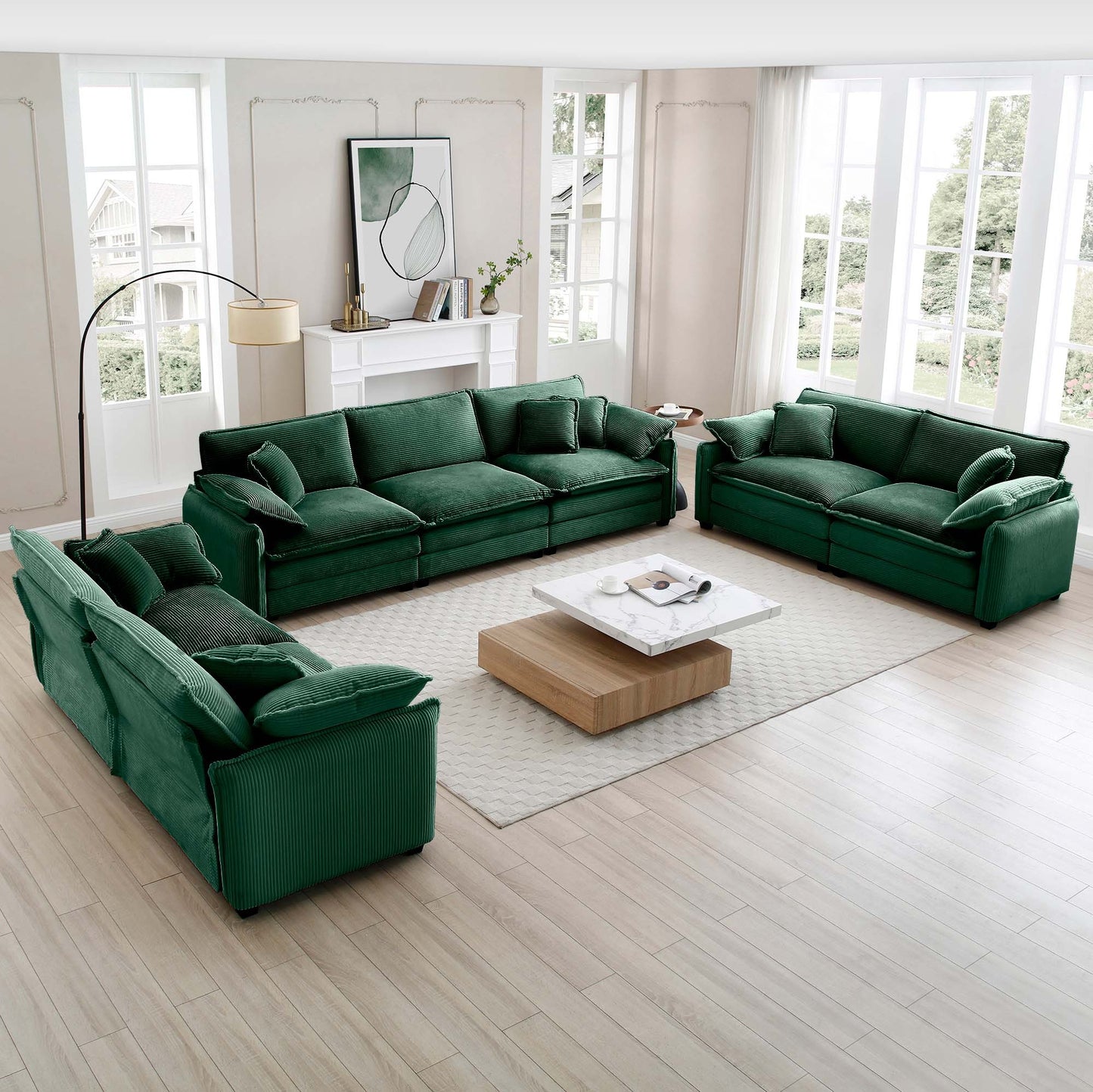 Modern Living Room Sofa 3 Pieces Set, Two 2-Seater Sofas and One 3-Seater Sofas, Upholstery Large Deep Seat Sofa with sofat Cushion and Pillowss,Green Corduroy