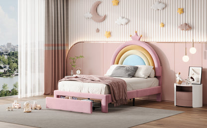 Twin Size Upholstered Rainbow Design Bed, Velvet Princess Platform Bed with Storage Drawer, No Box-spring Needed,Colorful&Pink