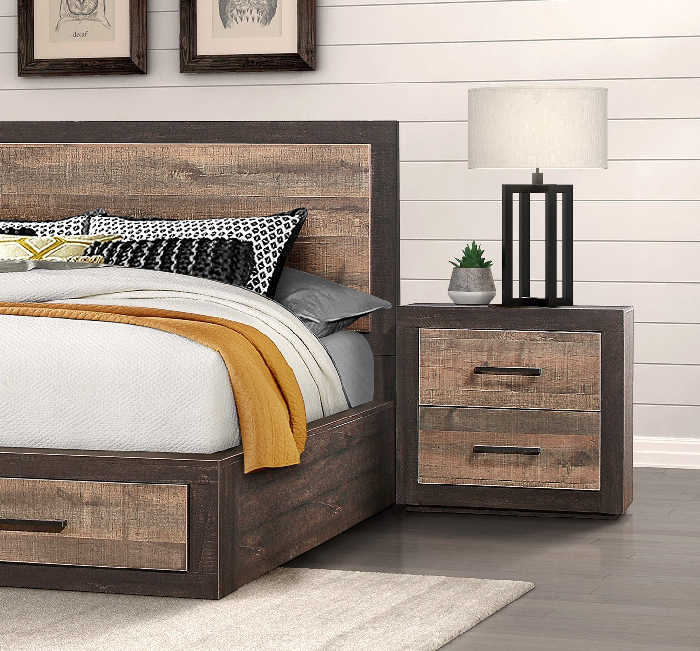 Contemporary Style Bedroom Nightstand Natural Wood Grain Look Two Tone Finish Bed Side Table Faux Wood Veneer