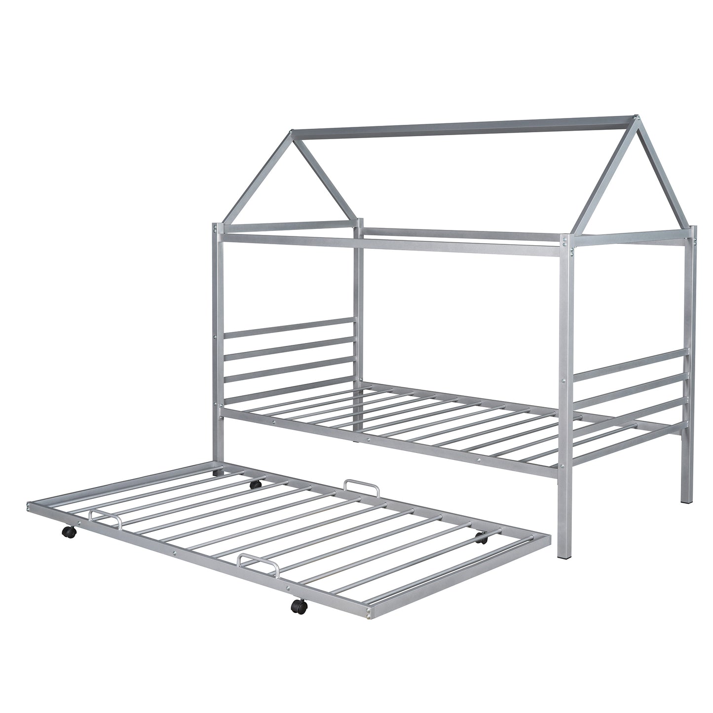 Twin Size Metal House Shape Platform Bed with Trundle,Silver