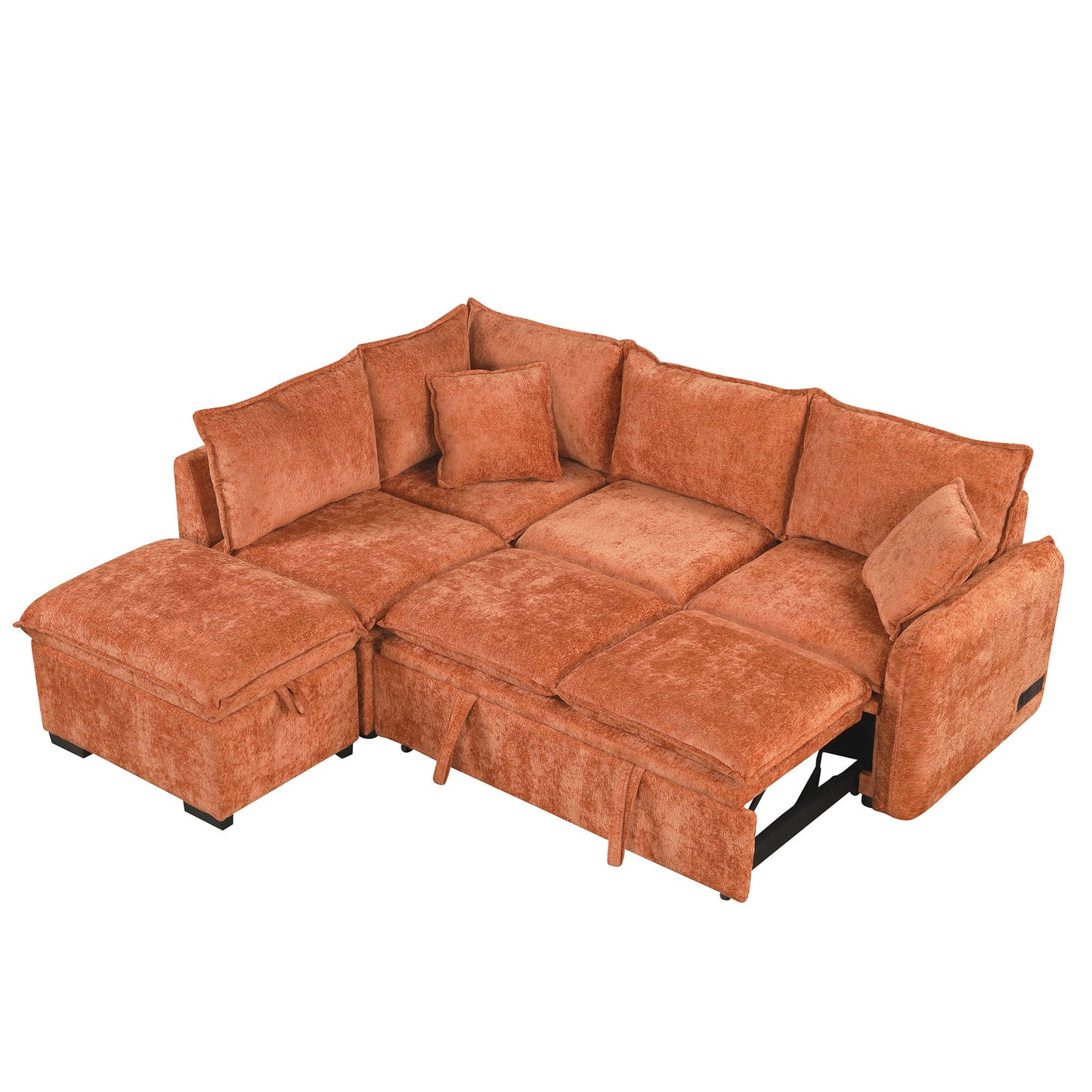 82.67"Convertible Sofa Bed Sectional Sofa Sleeper L-shaped Sofa with a Storage Ottoman,Two Pillows, Two Power Sockets and Two USB Ports for Living Room, Orange