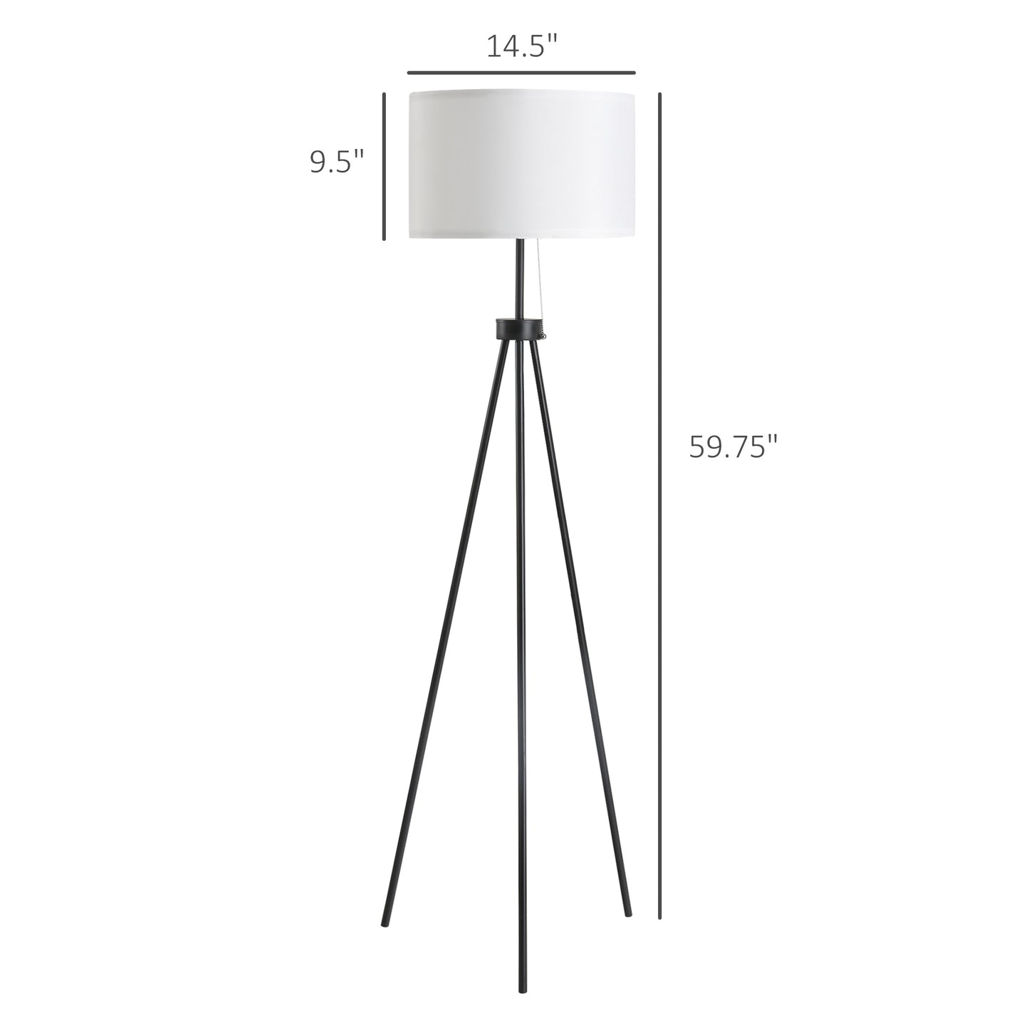 HOMCOM 59.75" Tripod Floor Lamp with Pull Chain Standing, Fabric Lampshade E26 Lamp Holder Steel for Living Room, Bedroom, Office, Black