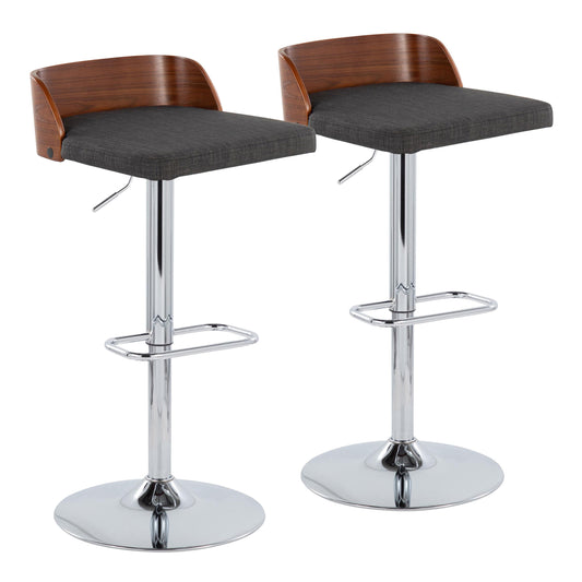 Maya Mid-Century Modern Adjustable Barstool with Swivel in Chrome Metal, Walnut Wood and Charcoal Fabric with Rounded Rectangle Footrest by LumiSource - Set of 2