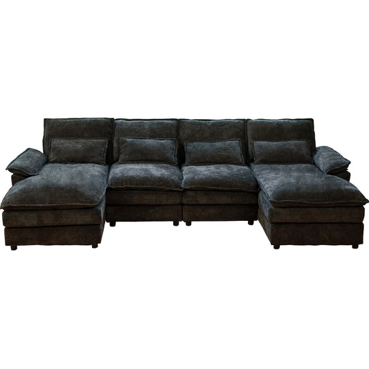 Modular Sectional Sofa Cloud Couch with Double Chaise Lounge, U Shaped Chenille Upholstered Leisure Sofa in Black, Polyester Fabric, 110' Long