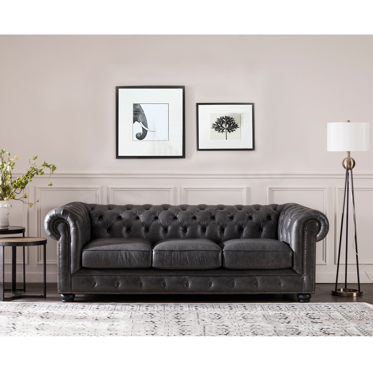 Traditional Tufted Leather Chesterfield Nailhead Sofa