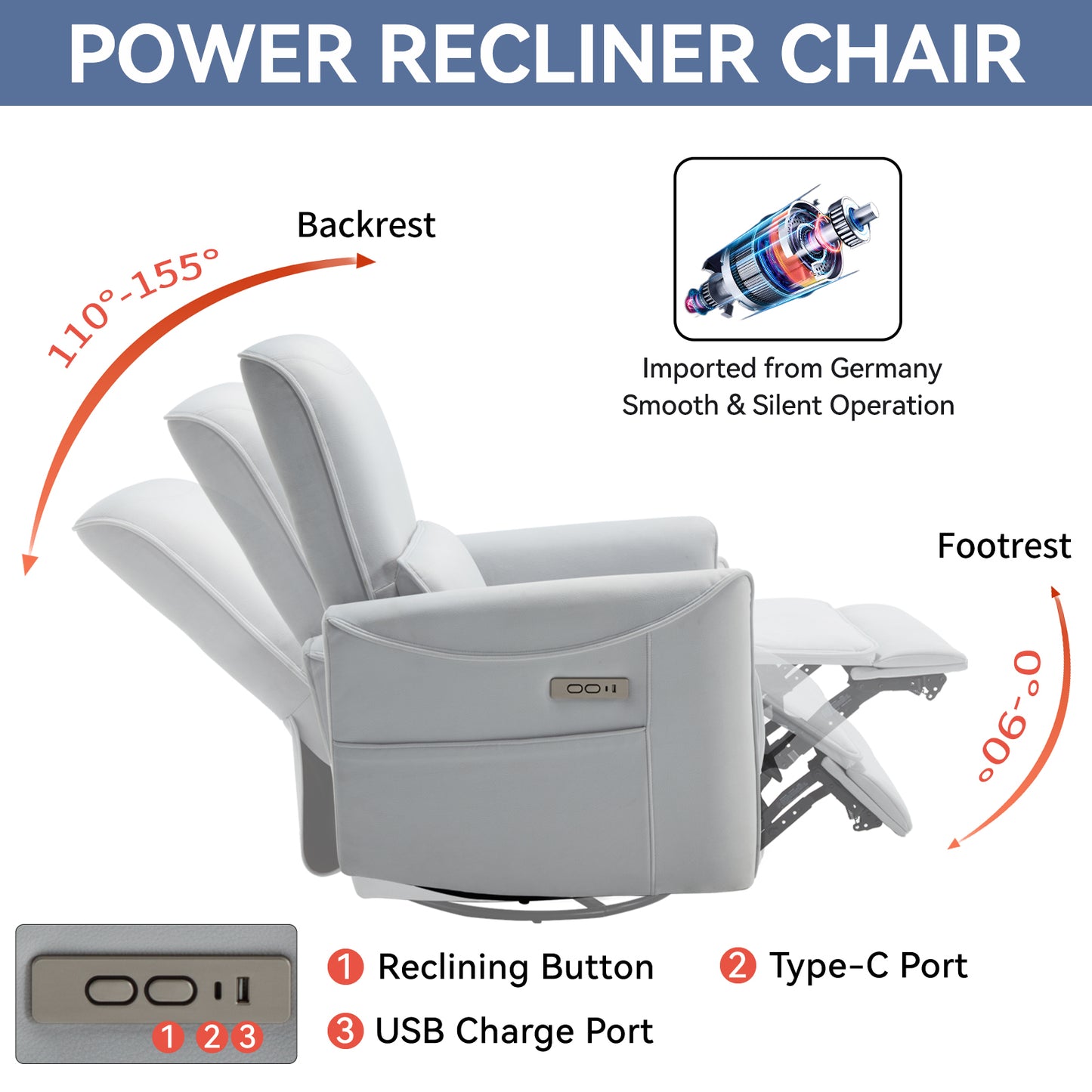 Beige Swivel and Rocker Power Recliner Chair, Heavy Duty Motion Mechanism with USB and Type-C Ports