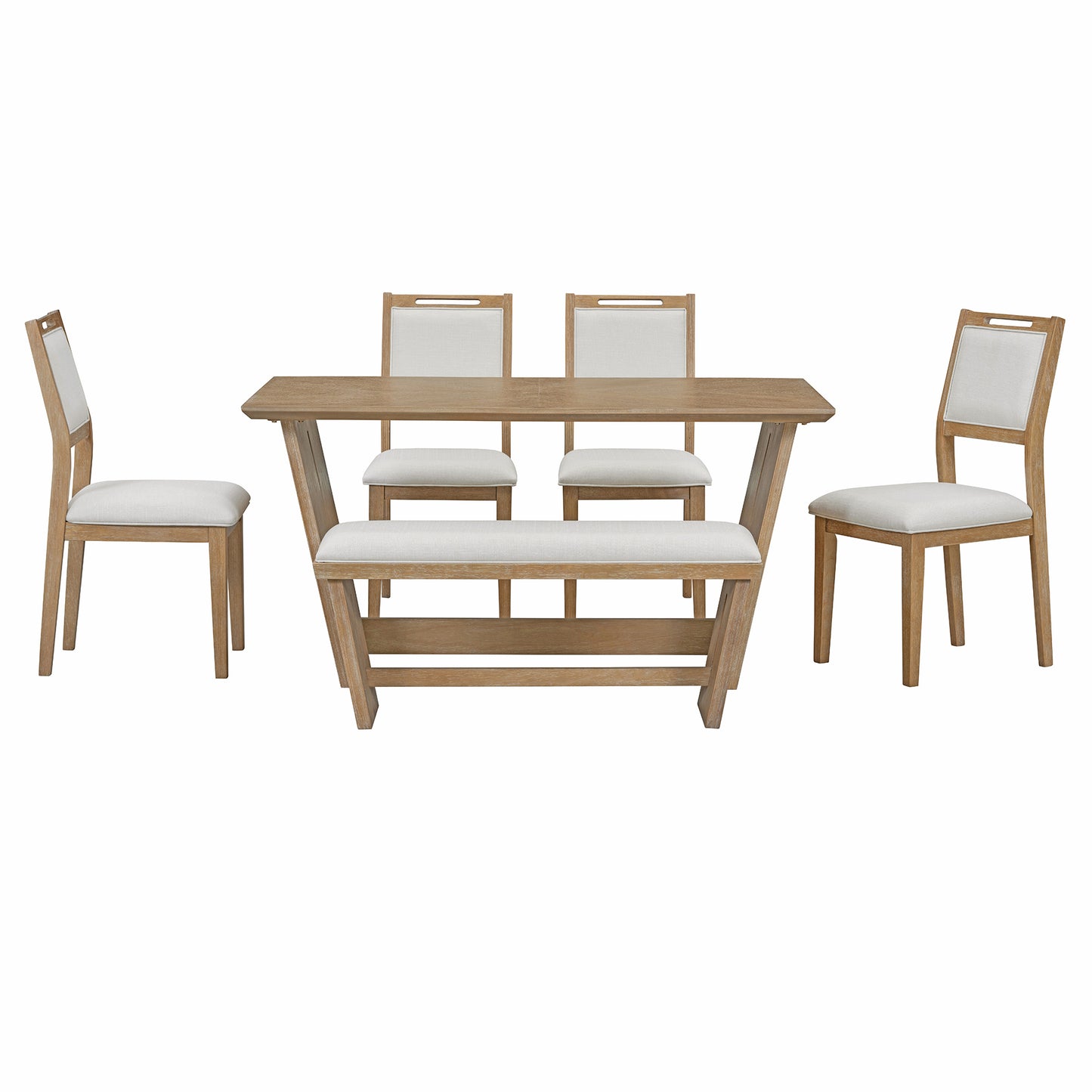 TREXM 6-Piece Retro Dining Set, 1 Rectangular Table with Stable Trapezoidal Table Base and 4 Upholstered Chairs and 1 Bench for Dining Room and Kitchen (Natural Wood Wash)