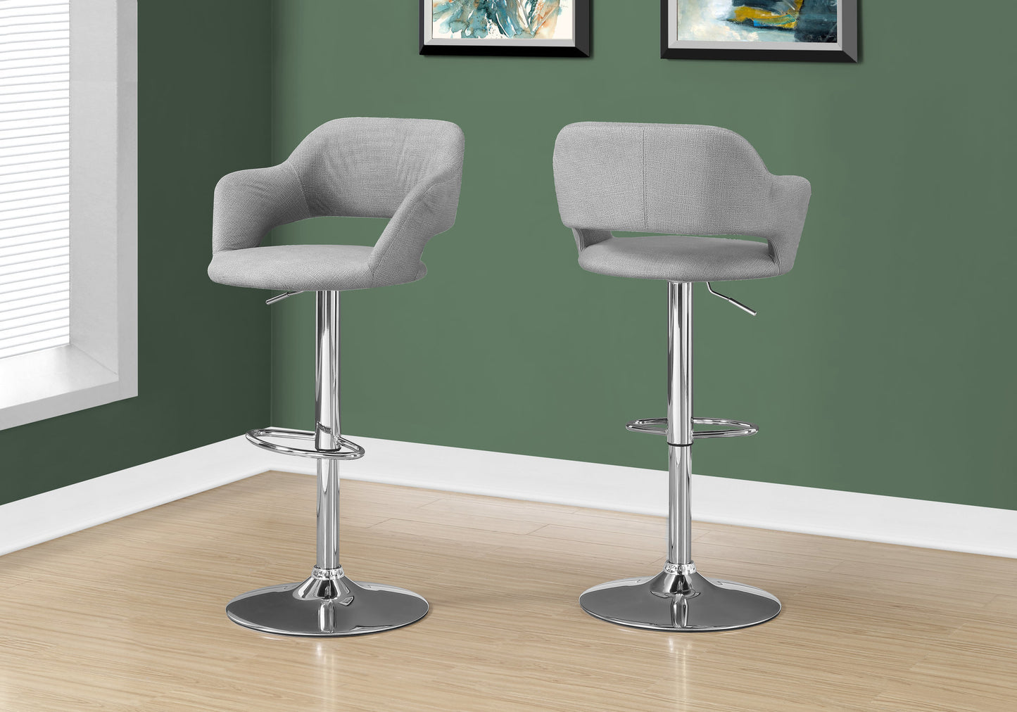 Bar Stool, Swivel, Bar Height, Adjustable, Chrome Metal, Grey Fabric, Contemporary, Modern