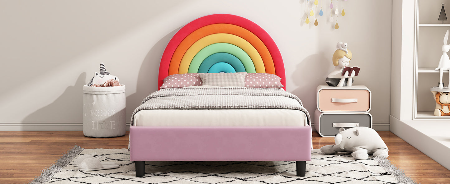 Rainbow Design Upholstered Twin Platform Bed Cute Style Princess Bed for Boys & Girls, Teens, Colorful & Pink