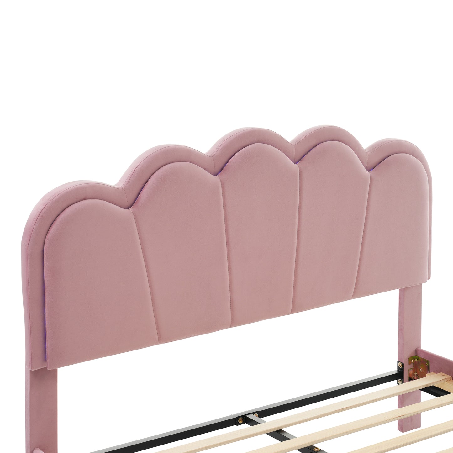 Queen Upholstered Smart LED Bed Frame with Elegant Flowers Headboard,Floating Velvet Platform LED Bed with Wooden Slats Support,Pink