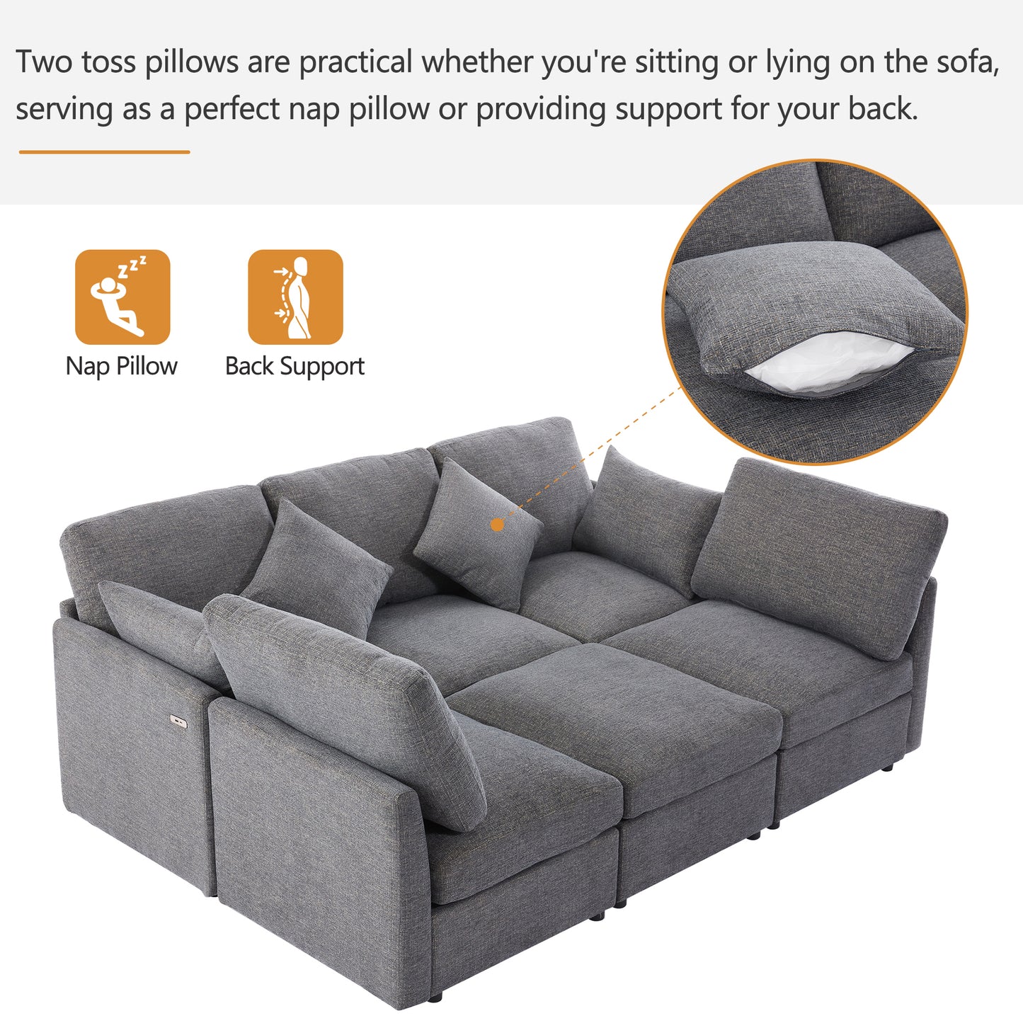 85.4" Sectional Sofa Modular Sofa U-shaped Sofa Couch Sofa Bed L-shaped Sofa with a Movable Ottoman and Two USB Ports for Living Room, Grey