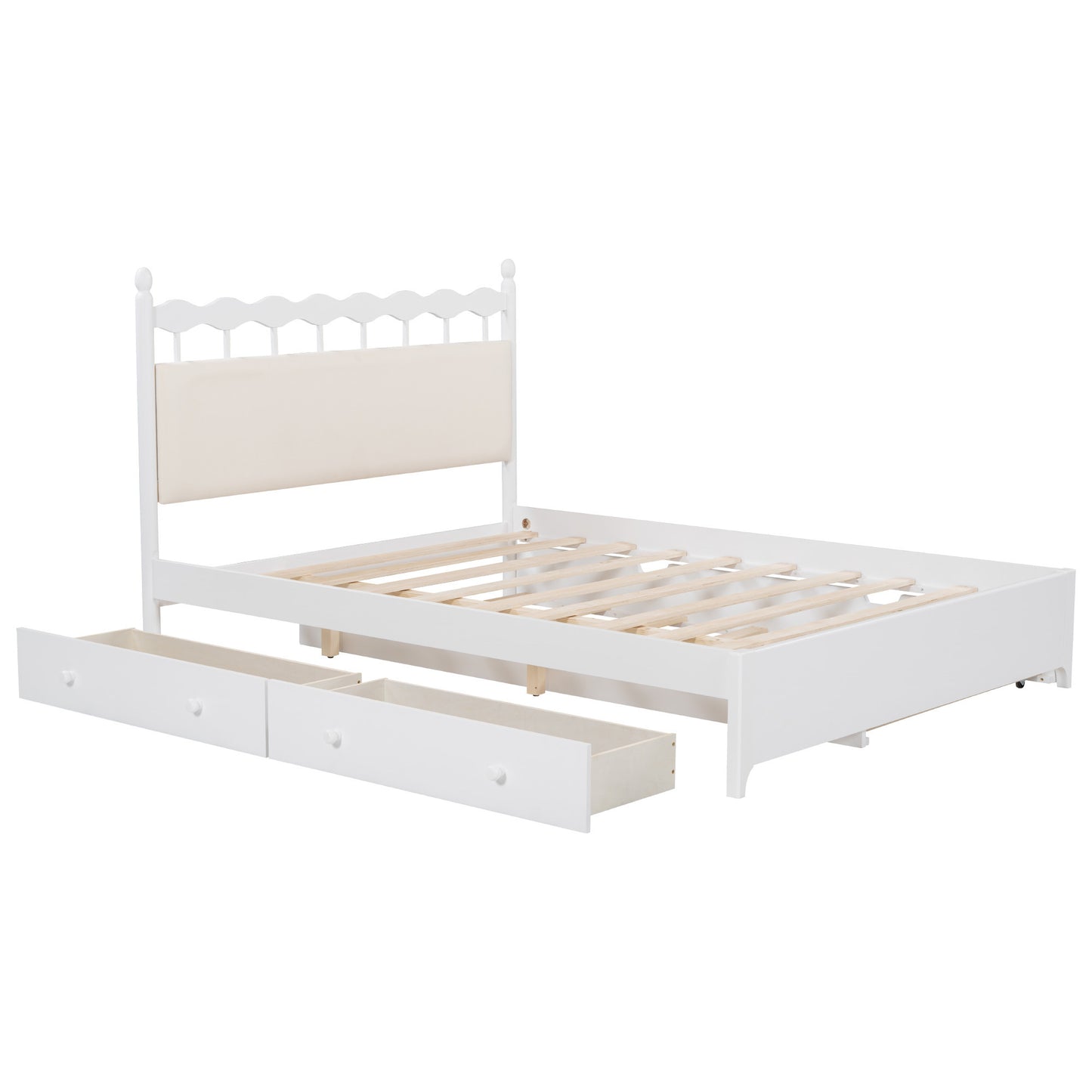 Queen Size Wooden Storage Platform Bed, with 2 Big Drawers, T Size Trundle, White