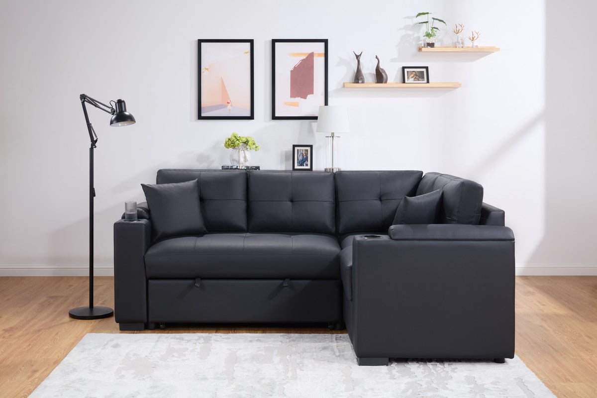 Donovan 84.5"W Black PVC Fabric Sleeper Sectional with USB Charger, Cupholders, Storage Arms