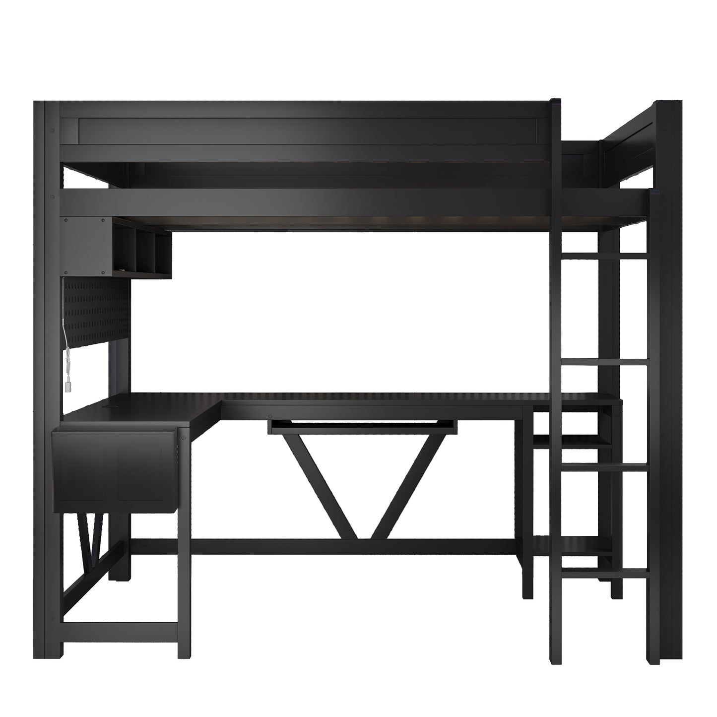 Wood Full Size Gaming Loft Bed with Desk, Storage Shelves, LED and Charging Station, Black
