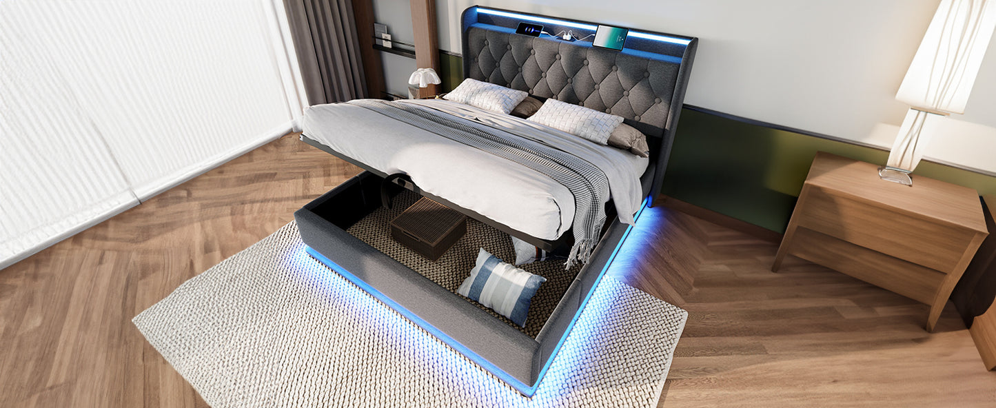 Full size Upholstered bed, 360 surround LED function, Buttons/Apps/Remote Control, hydraulic storage bed with USB Type-C charging, Gray,Linen (Without mattress)