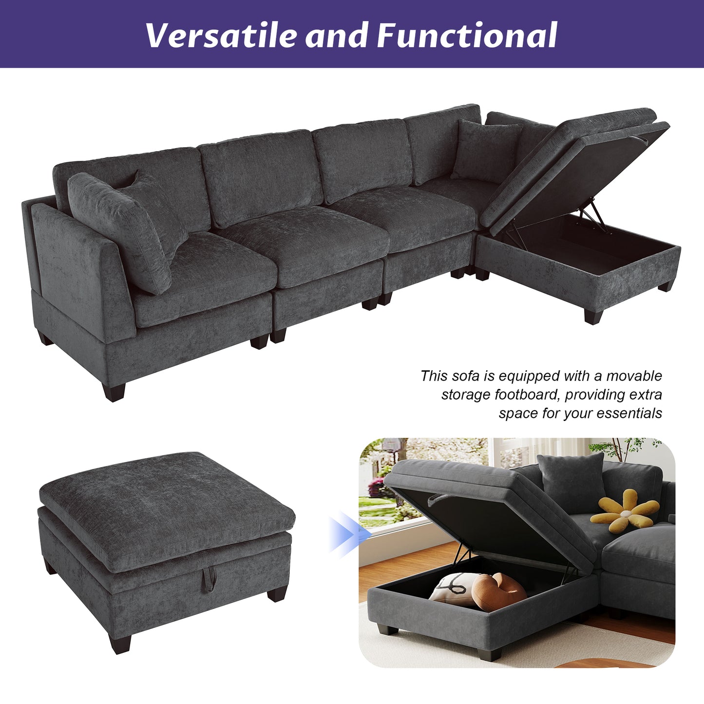 U-style Upholstered Modular Sofa with Removable Storage Ottoman, 2 hidden cup holders, Sectional sofa for Living Room Apartment(5-Seater) (OLD SKU:WY000371AAE)