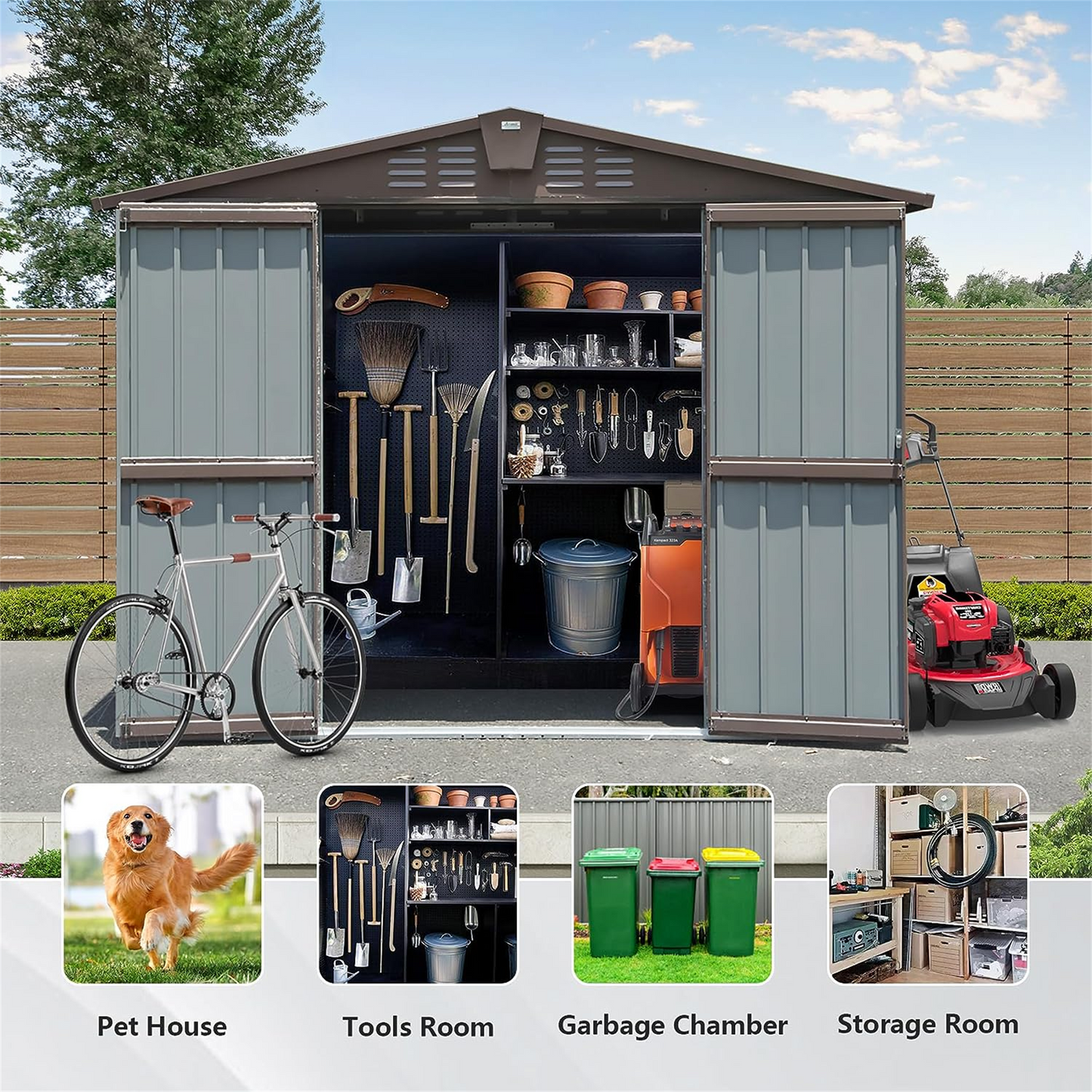 Outdoor Storage Shed 8.2' x 6.2', Metal Steel Utility Tool Shed Storage House with Double Lockable Doors & Air Vents for Backyard Patio Garden Lawn Brown