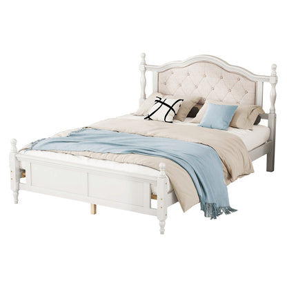 Queen Pine wooden Bed with Upholstered Headboard  and Panel Footboard, with  Two Bed Rail Support Feet and Central Platform Support Feet ,White