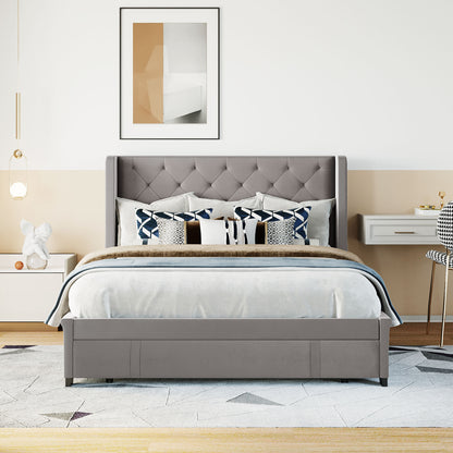 Queen Size Storage Bed Velvet Upholstered Platform Bed with Wingback Headboard and a Big Drawer (Gray)