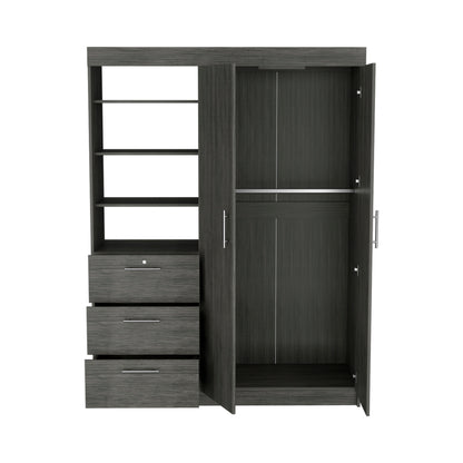 3-Tier Shelf and Drawers Armoire with Metal Handles, Smokey Oak