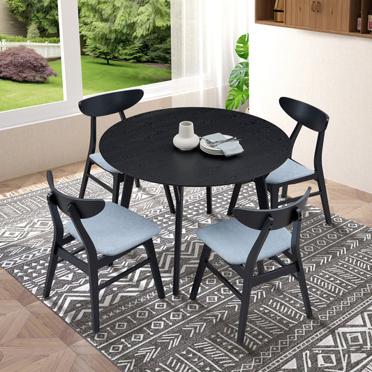 Wooden Dining Table Set, Modern Simple Design Round Kitchen Table and Fabric Upholstered Dining Chairs for Dining Room, Kitchen, Saving Space(1 Table with 4 Chairs),Black