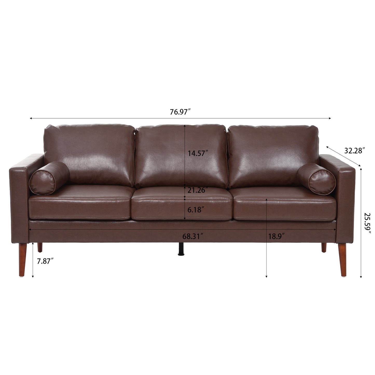 Small Sofa Couch 76.97 in . Brown 3 Seat Comfy Couches for Living Room, Mid Century Modern Couch with iron wood structure , Soft Cushion Sofa for Home/Office/Apartment,