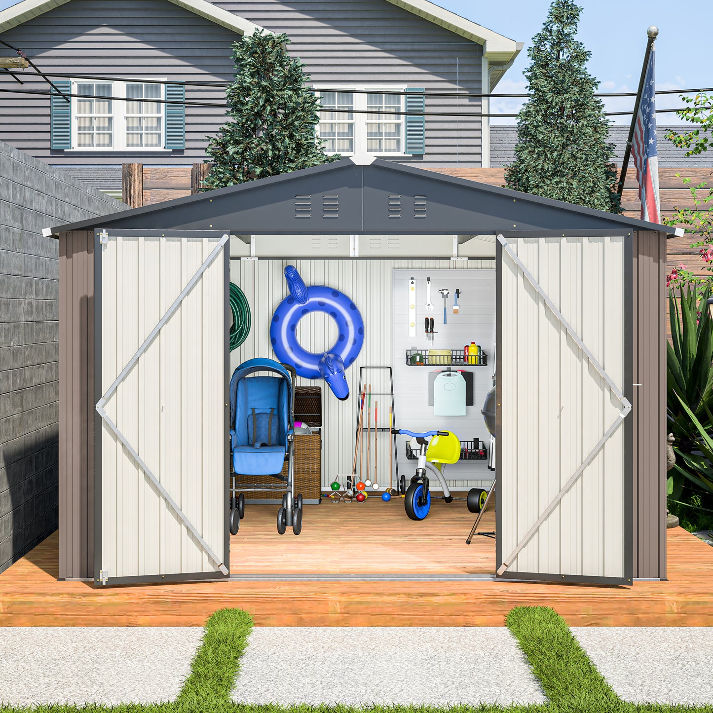 10' x 10' Metal Storage Shed for Ourdoor, Steel Yard Shed  with Design of Lockable Doors, Utility and Tool Storage for Garden, Backyard, Patio, Outside use