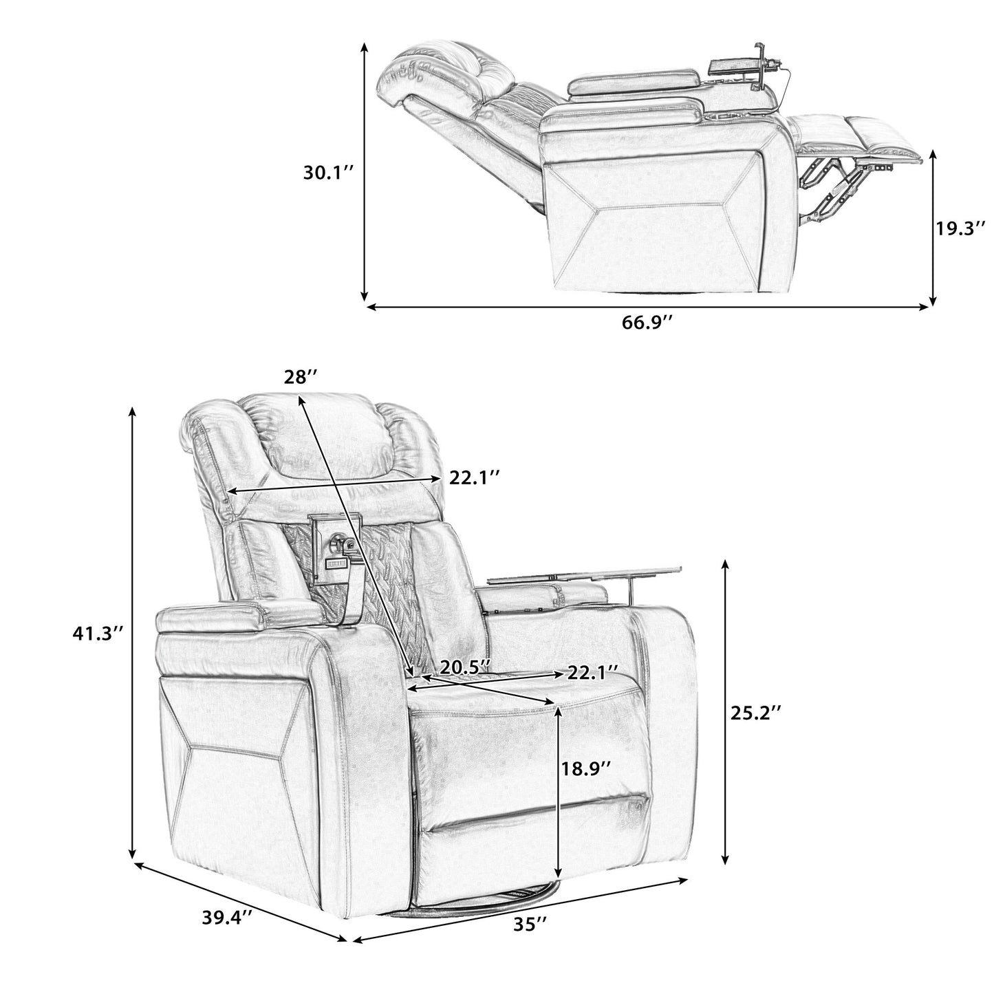 270 Degree Swivel PU Leather Power Recliner Individual Seat Home Theater Recliner with  Comforable Backrest, Tray Table,  Phone Holder, Cup Holder,  USB Port, Hidden Arm Storage for Living Room, White