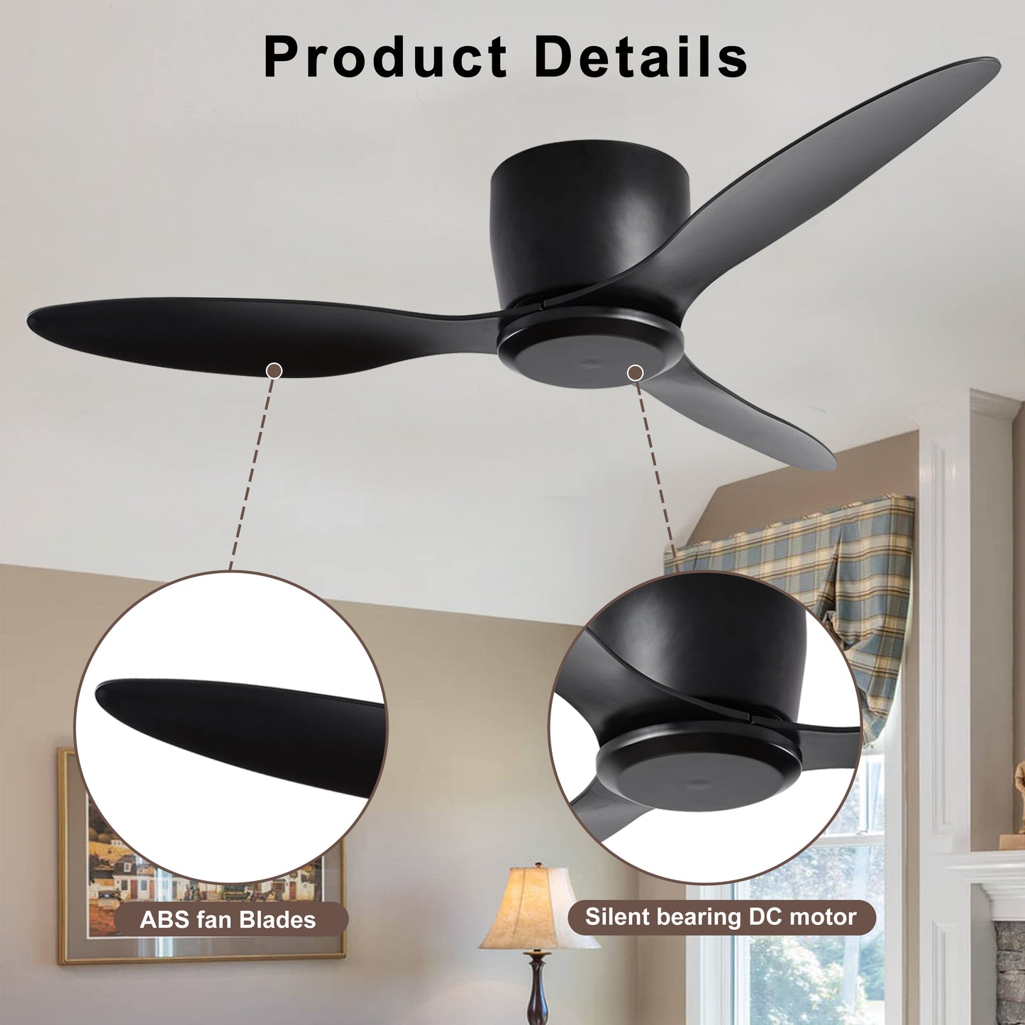 52" Flush Mount Ceiling Fan without light, 3 Reversible Blades, with 6 Speeds Reversible DC Motor,Low Profile Ceiling Fan with no light for Living Room Kitchen Bedroom