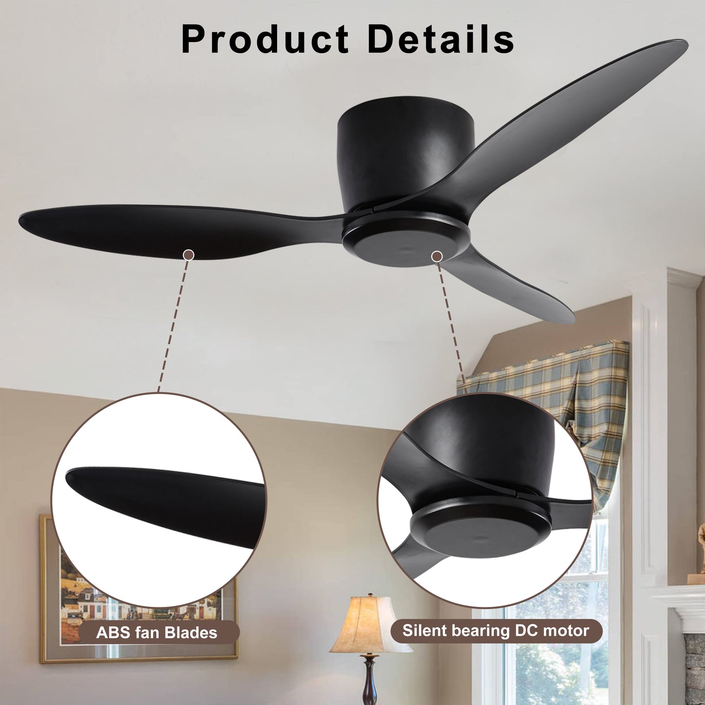 42" Flush Mount Ceiling Fan without  light,  3 Reversible Blades, with 6 Speeds Reversible DC Motor,Low Profile  Ceiling Fan with no light for Living Room Kitchen Bedroom