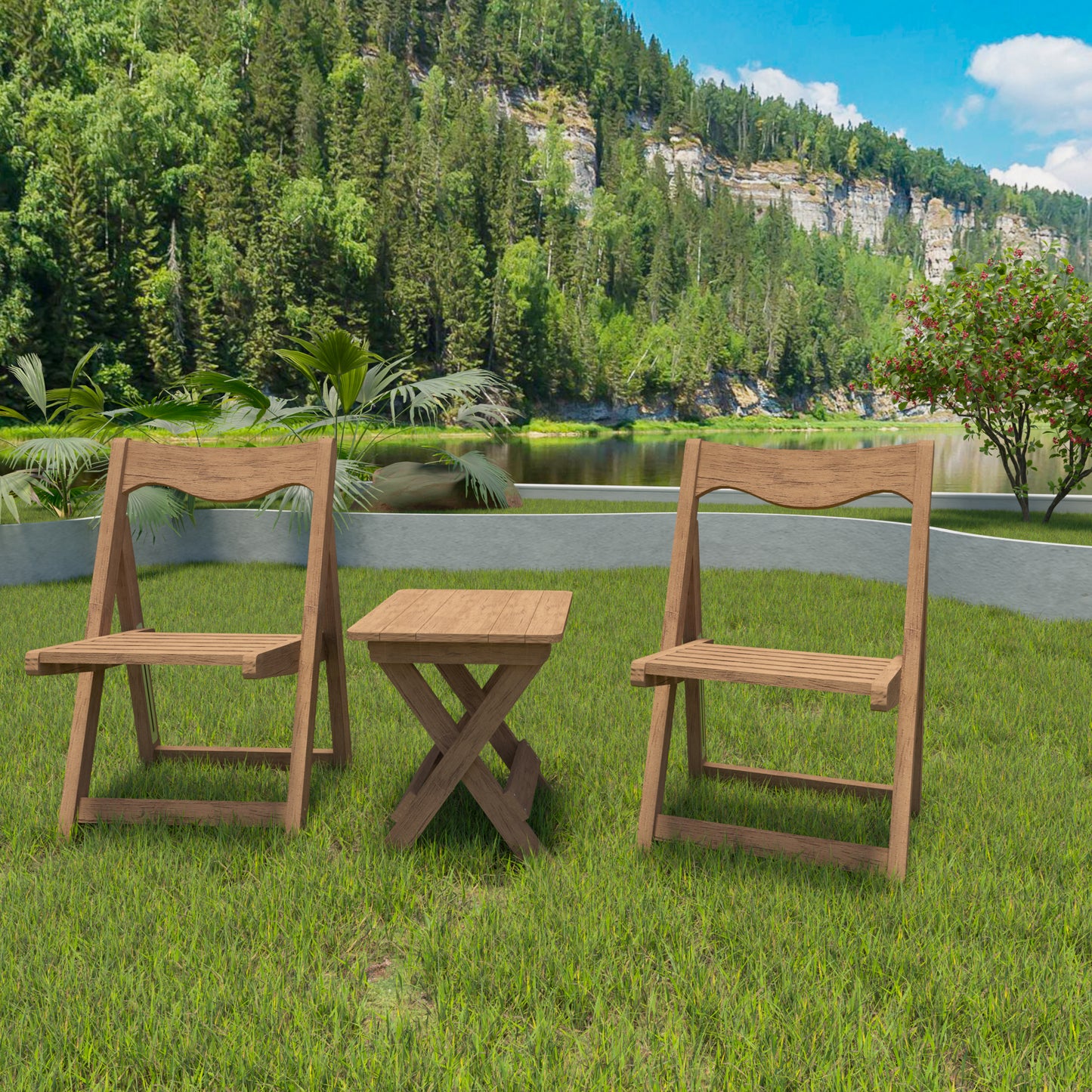 HIPS Material Outdoor Bistro Set Foldable Small Table and Chair Set with 2 Chairs and Rectangular Table, Teak