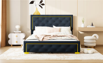 Queen Size Upholstered Platform Bed With Pull Point Headboard And Metal Wire Frame At The Head And Foot Of The Bed, Metal Feet, Velvet, Black