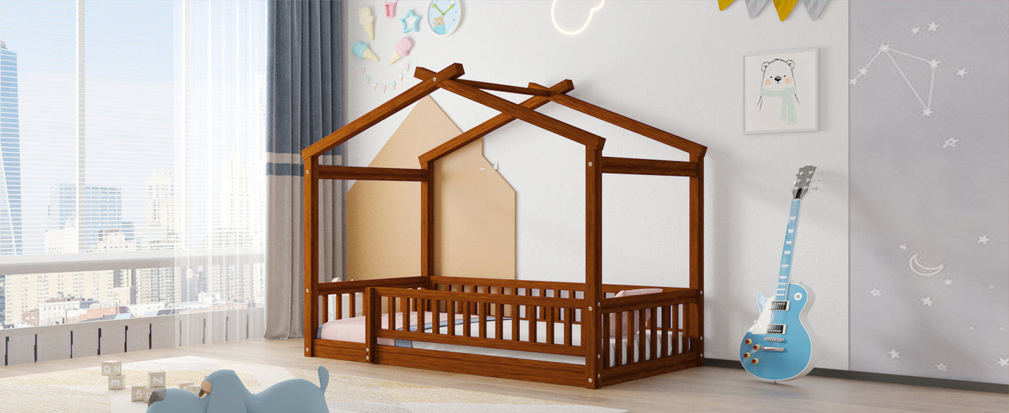 Twin Size Wood Bed House Bed Frame with Fence, for Kids, Teens, Girls, Boys, Walnut