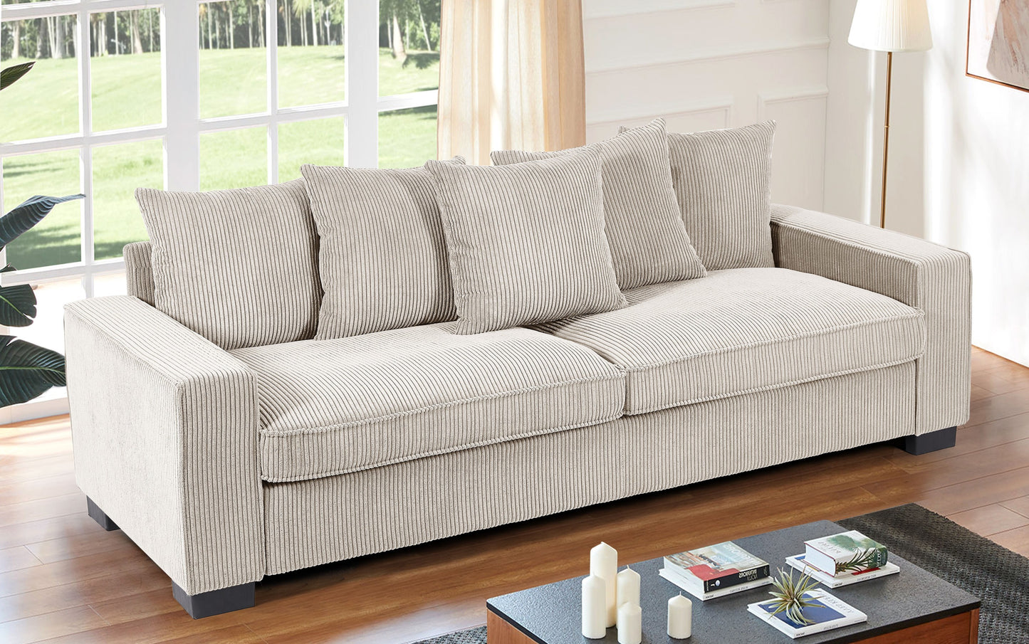 Luxe Corduroy Sofa with 5 Matching Toss Pillows, Sleek Design, Spacious and Comfortable 3 Seater Couch for Modern Living Room, Large, Ivory