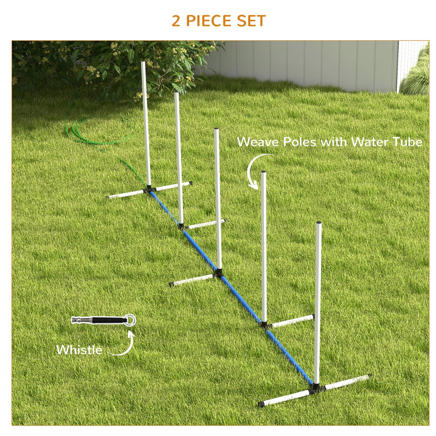 PawHut 2 Piece Dog Agility Training Equipment Set with Weave Poles, Spray Water Tube, Whistle, Carry Bag, Dog Agility Course for Outdoor, Garden, Backyard, White