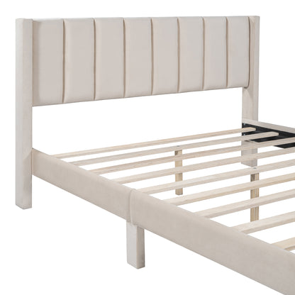 Queen Size Storage Bed Velvet Upholstered Platform Bed with a Big Drawer - Beige(old sku:WF296854AAA)