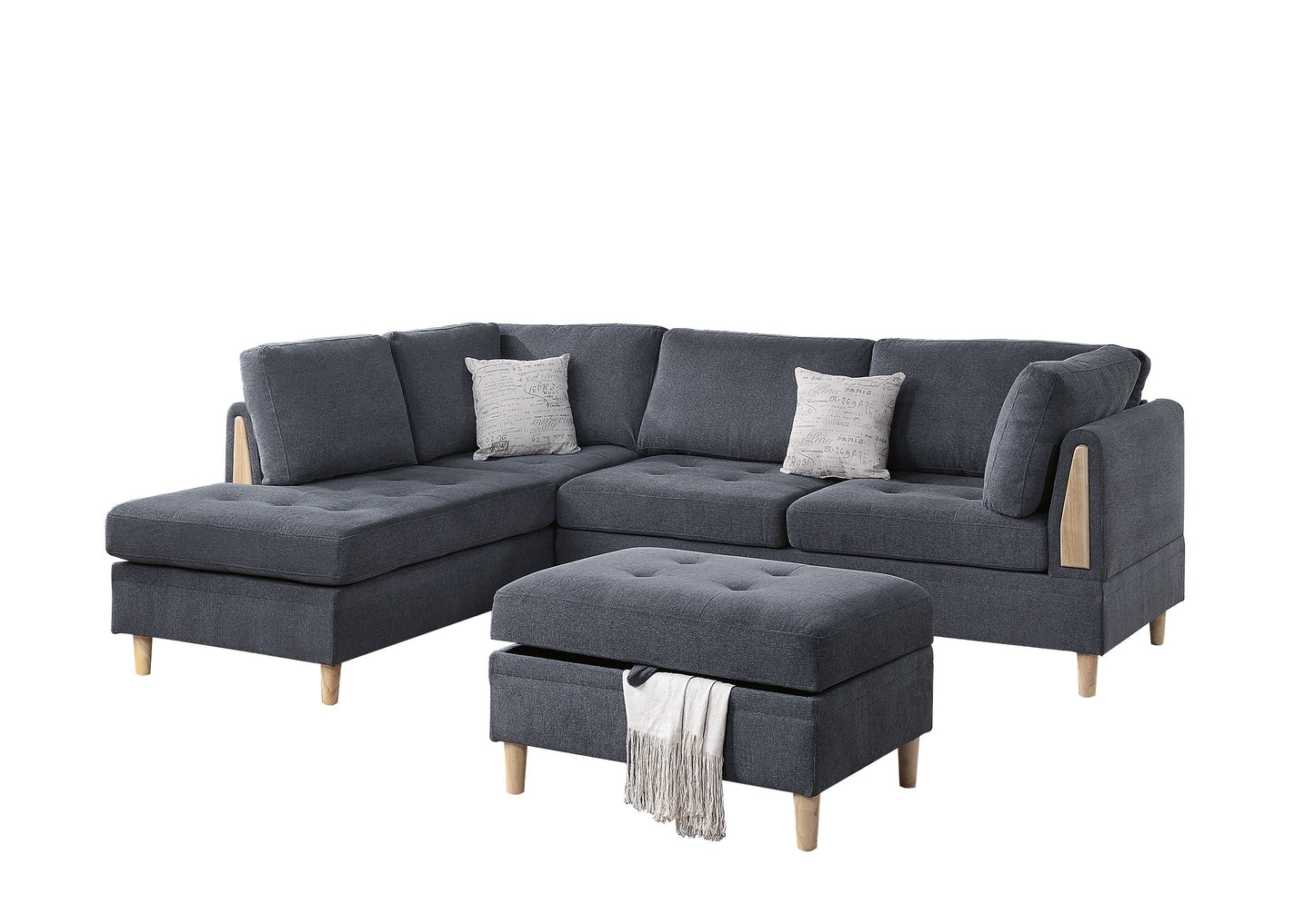 3-PCS Reversible Sectional Set Living Room Furniture Charcoal Color Chenille Couch Sofa, Reversible Chaise Ottoman