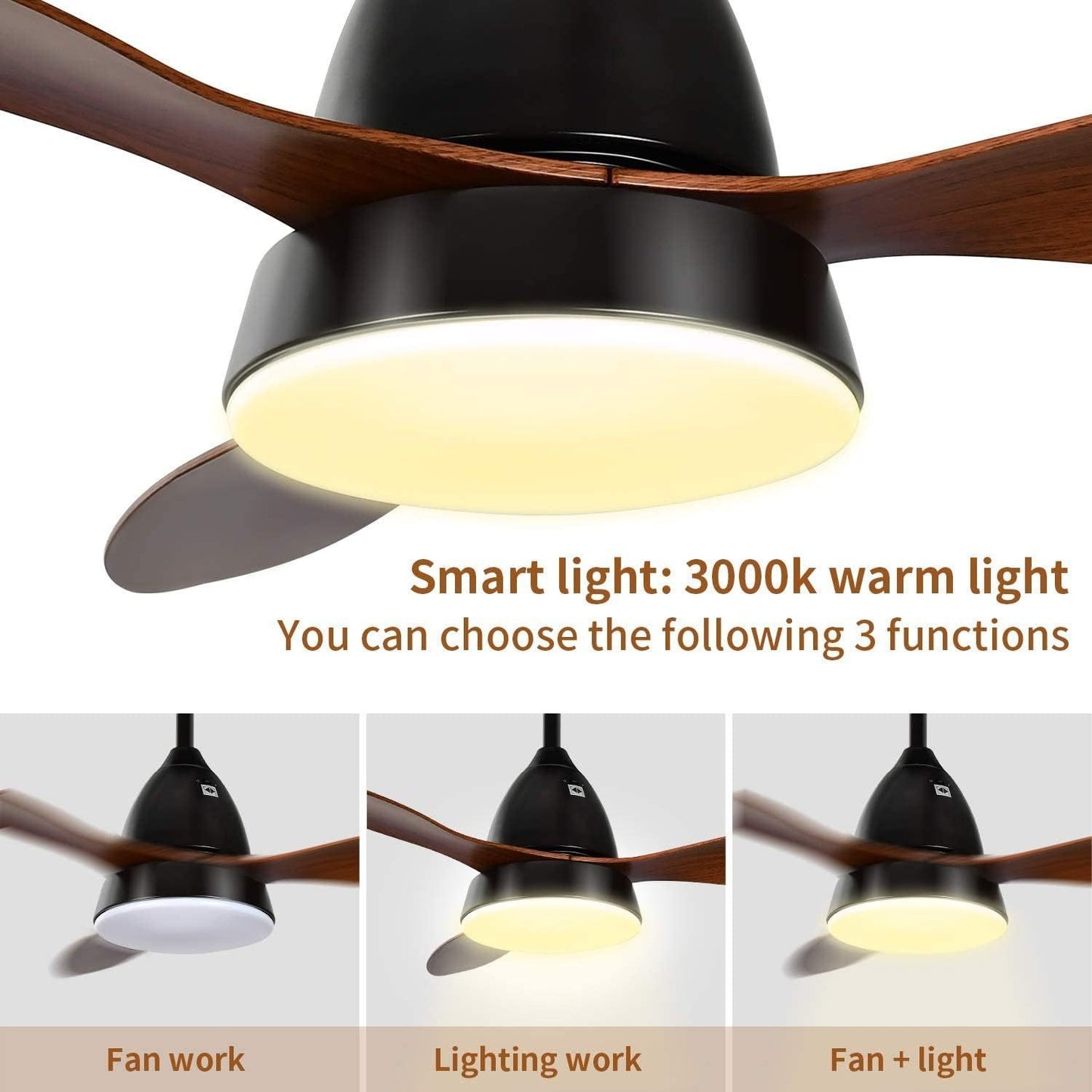 52-inch Ceiling Fan with LED Light and Remote Control, 3-Speed Modes, 2 Rotating Modes, Timer