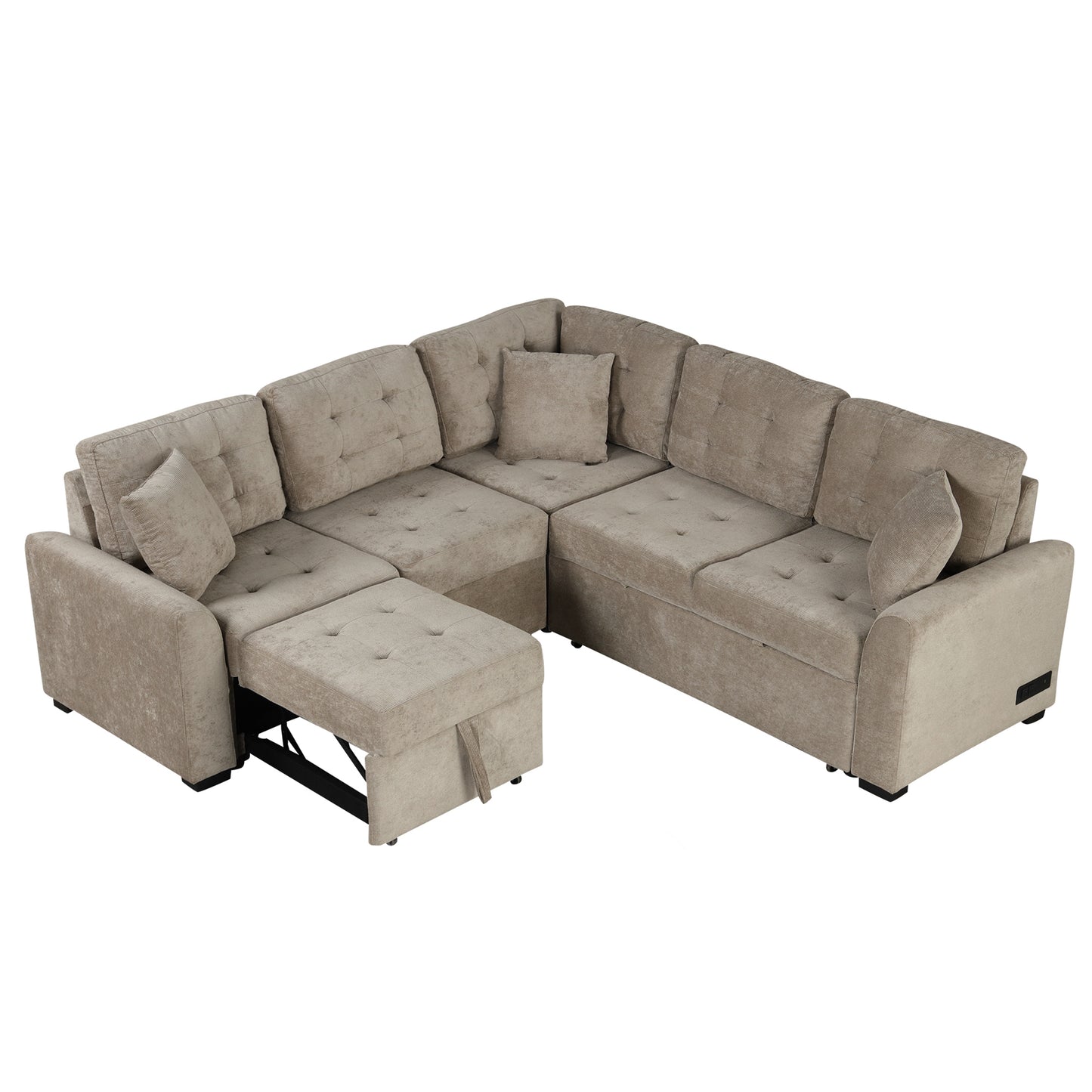 82.6" L-shape Sofa Bed Pull-out Sleeper Sofa with Wheels, USB Ports, Power Sockets for Living Room (SG001230AA), Khaki