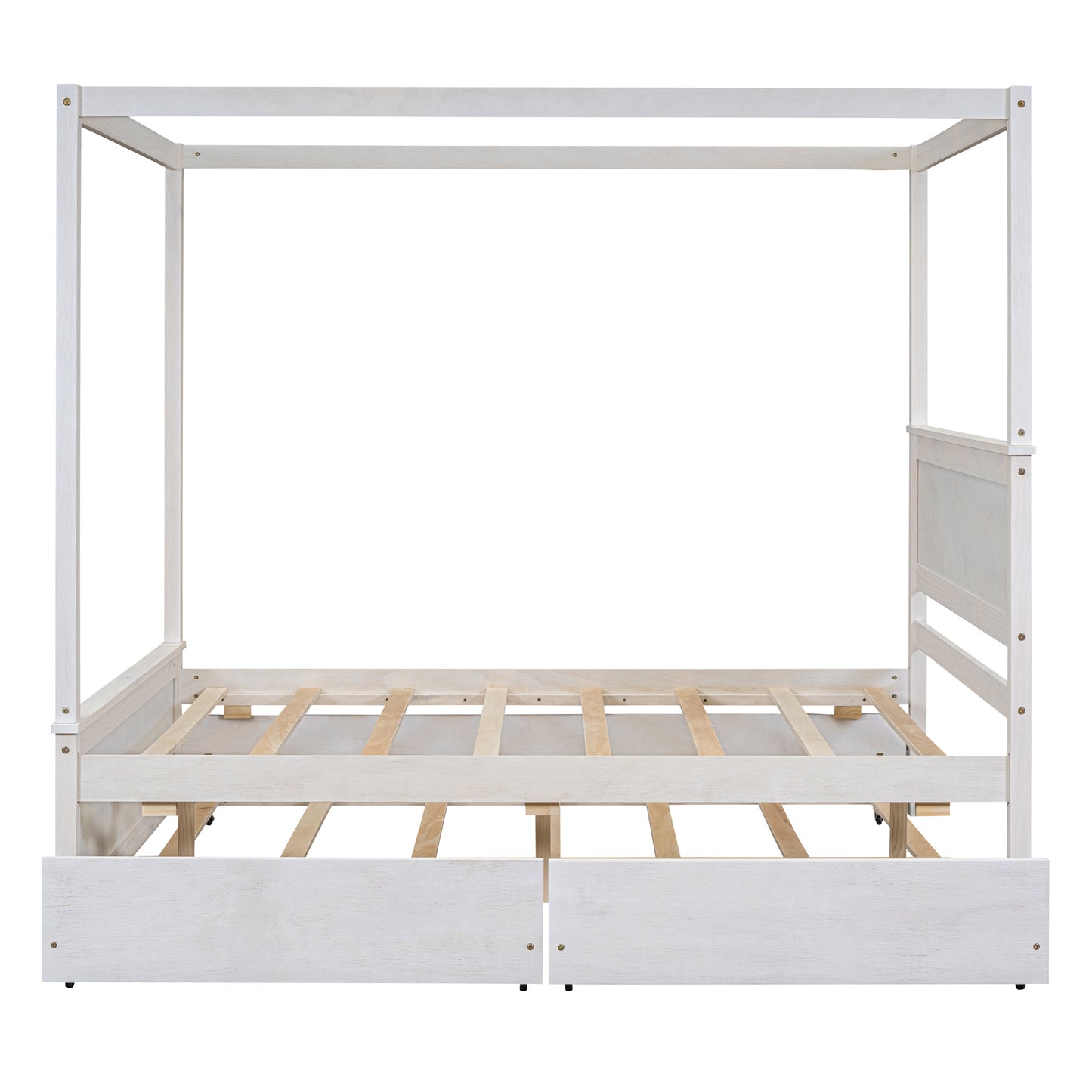 Wood Canopy Bed with Trundle Bed and two Drawers ,Full Size Canopy Platform bed With Support Slats .No Box Spring Needed, Brushed White