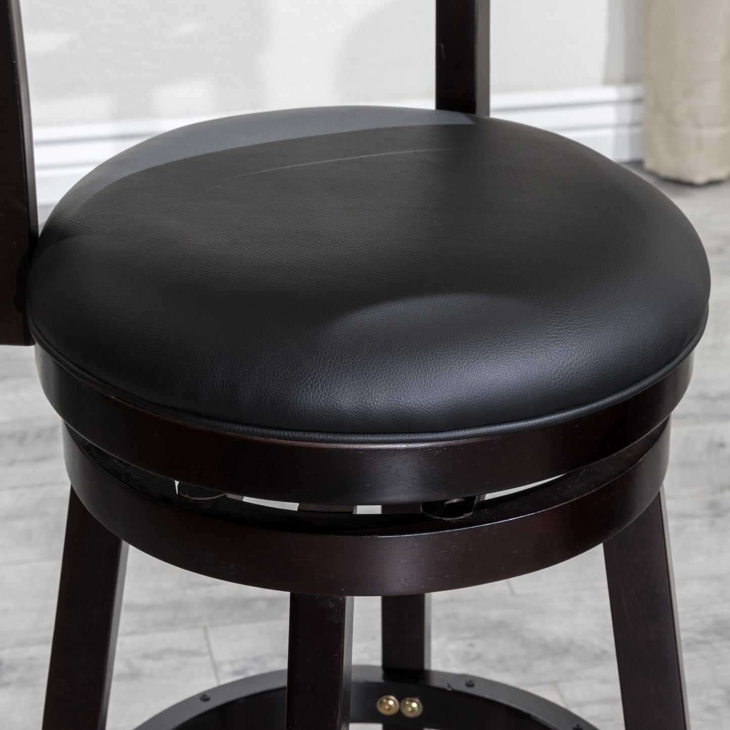 24" Counter Height Slat Back Swivel Stool, Espresso Finish, Black Leather Seat