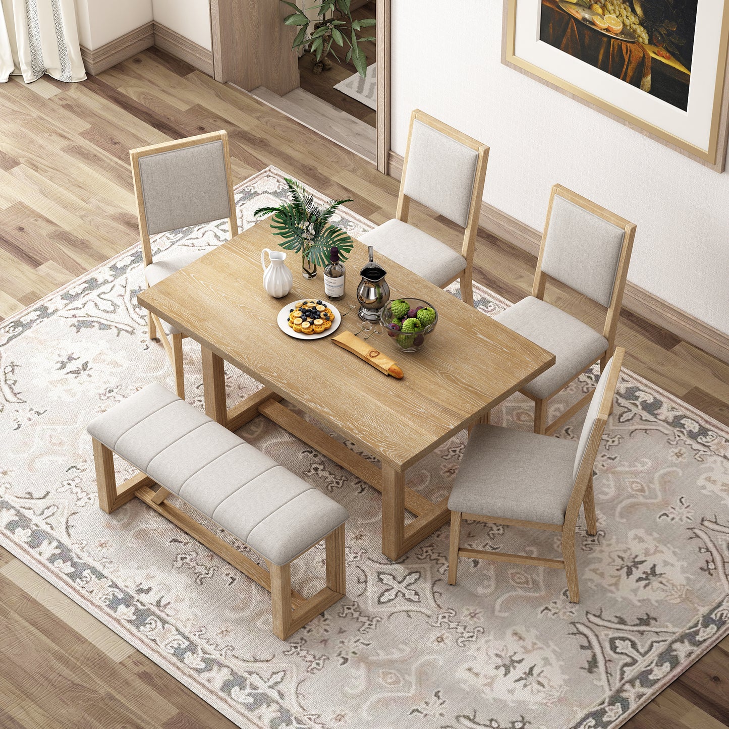 TREXM 6-Piece Retro Dining Set, 1 Rectangular Table with Designed Trestle Base and 4 Upholstered Chairs and 1 Bench for Dining Room and Kitchen (Natural)