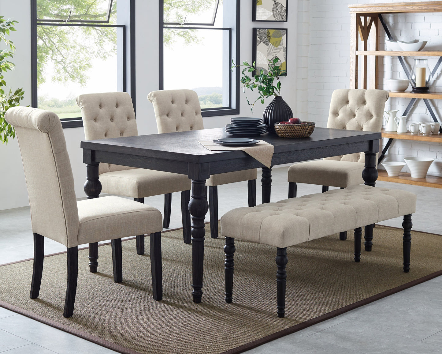 Leviton Urban Style Dark Wash Wood Dining Set: Table, 4 Chairs and Bench