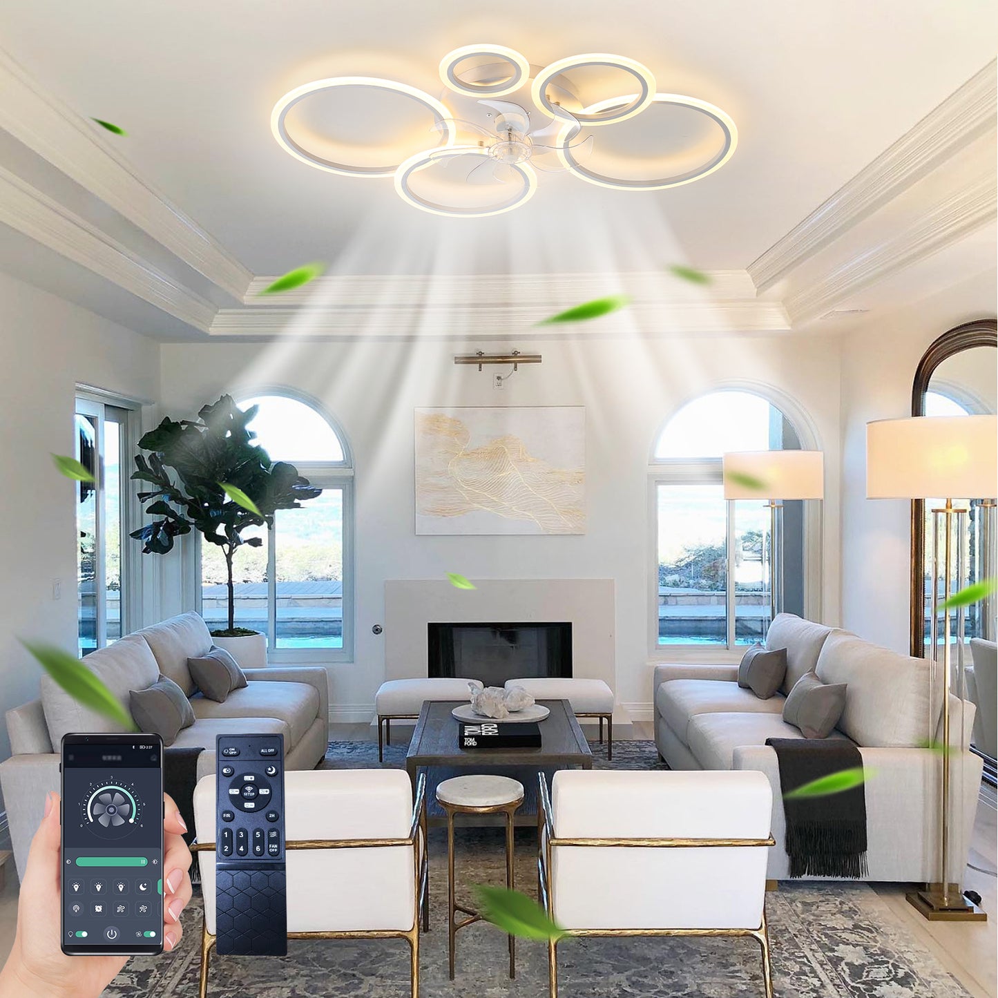 39Inches White Ceiling Fan with Lights, Remote Control and APP Control, Dimmable with Remote, 7 Blades, 6 Speeds of Wind