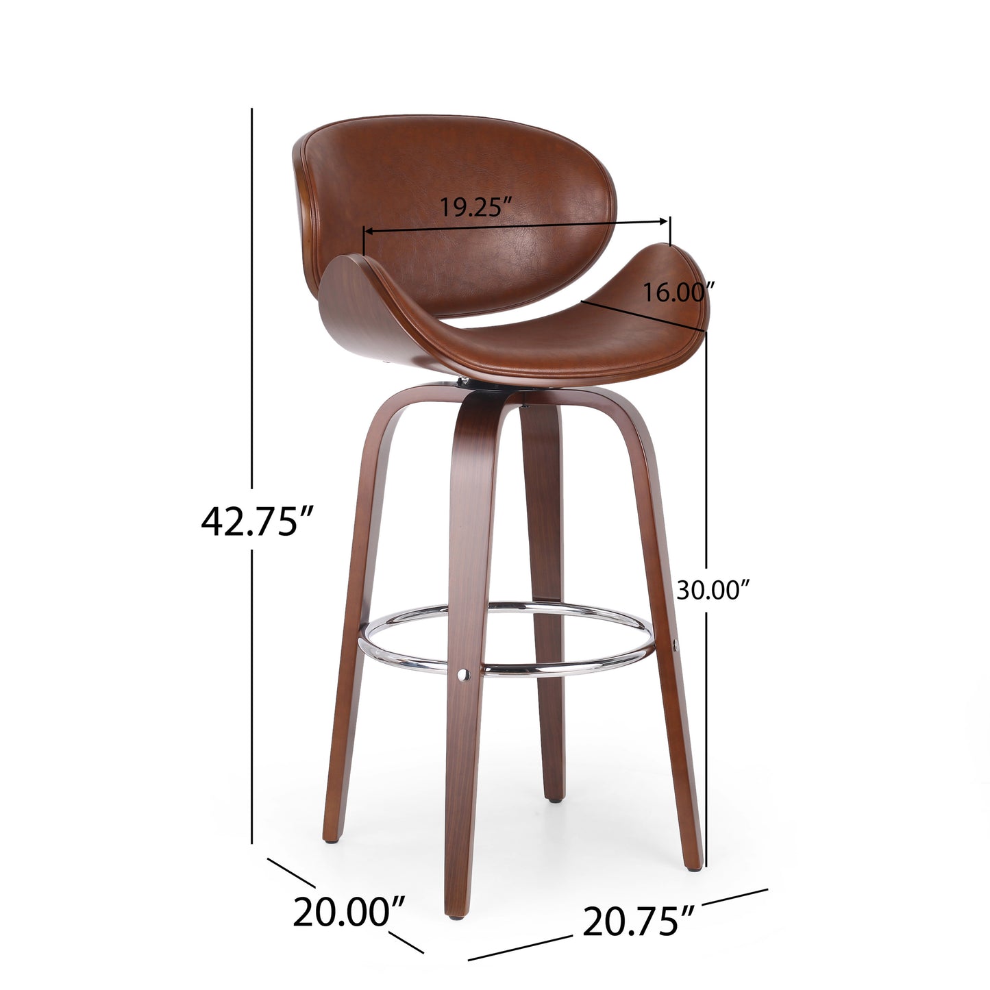 30" Mid-Century Modern Upholstered Swivel Barstool, Walnut + Cognac