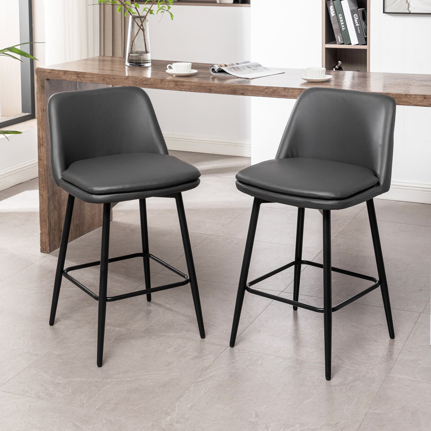 Counter Height Swivel Bar Stools Set of 2, 360° Swivel Upholstered Barstools with Back and Metal Legs, 25.6" Seat Height,Counter Stools for Kitchen Island and Pub,Faux Leather,Grey