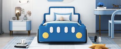 Twin Size Race Car-Shaped Platform Bed with Wheels,Blue