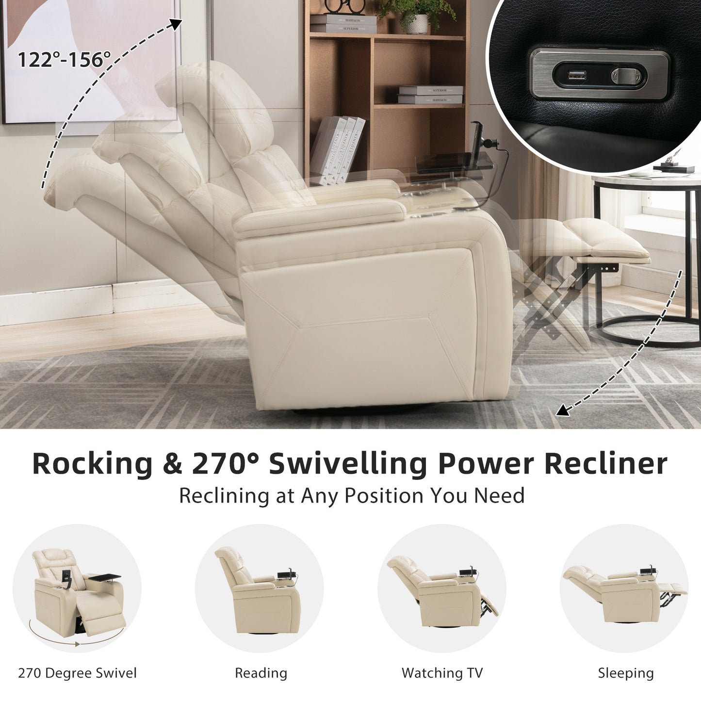 270 Degree Swivel PU Leather Power Recliner Individual Seat Home Theater Recliner with  Comforable Backrest, Tray Table,  Phone Holder, Cup Holder,  USB Port, Hidden Arm Storage for Living Room, White